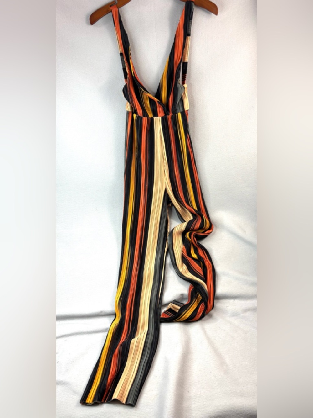 The Vintage Shop XS 70s Striped V-Neck Jumpsuit in Black, Orange, Yellow & Cream